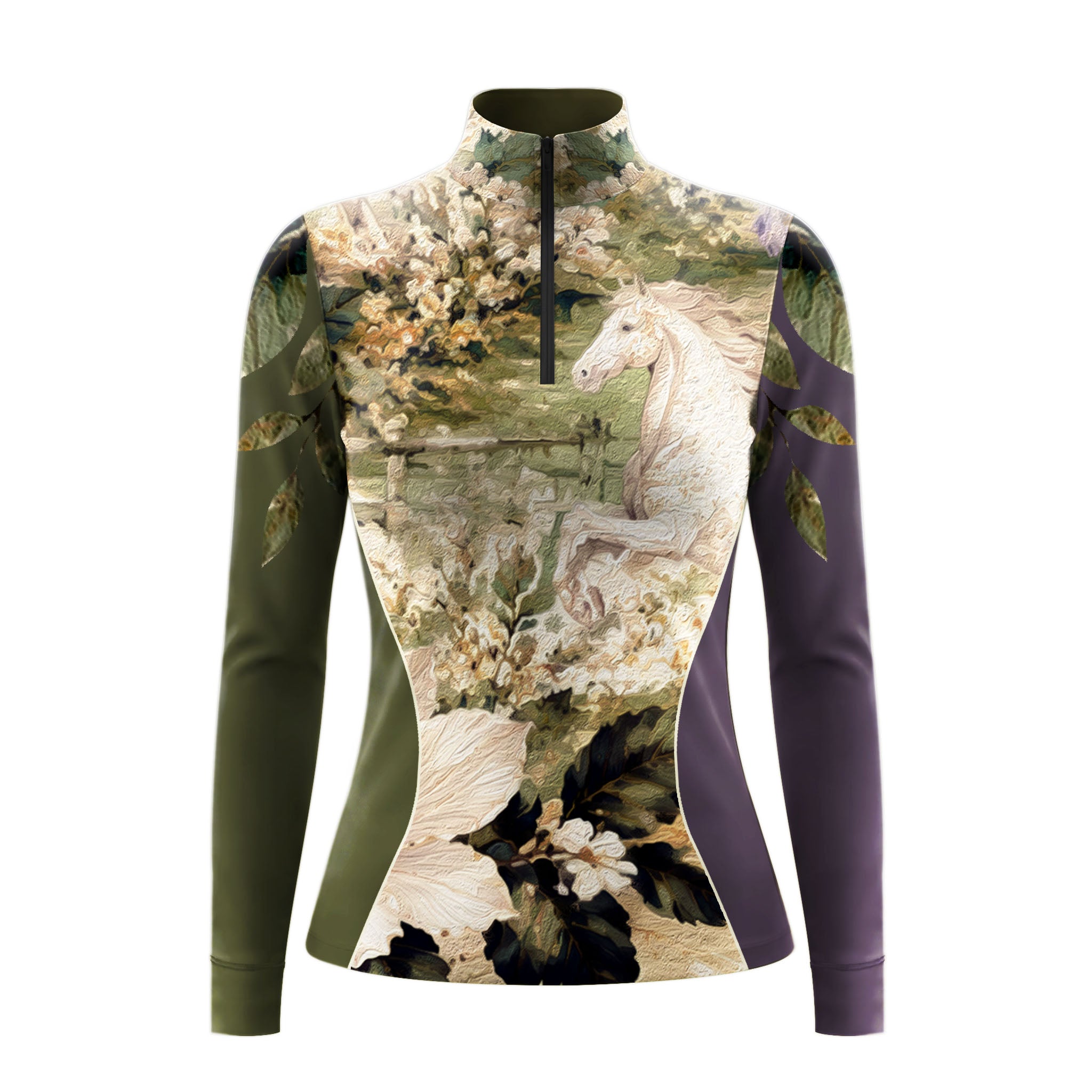 Model wearing floral white horse art riding top at outdoor equestrian competition arena