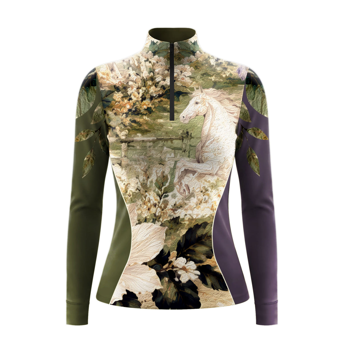 Model wearing floral white horse art riding top at outdoor equestrian competition arena