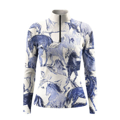 White background studio product shot showcasing full layered indigo blue sketch galloping horse print on cream long sleeve quarter-zip equestrian top
