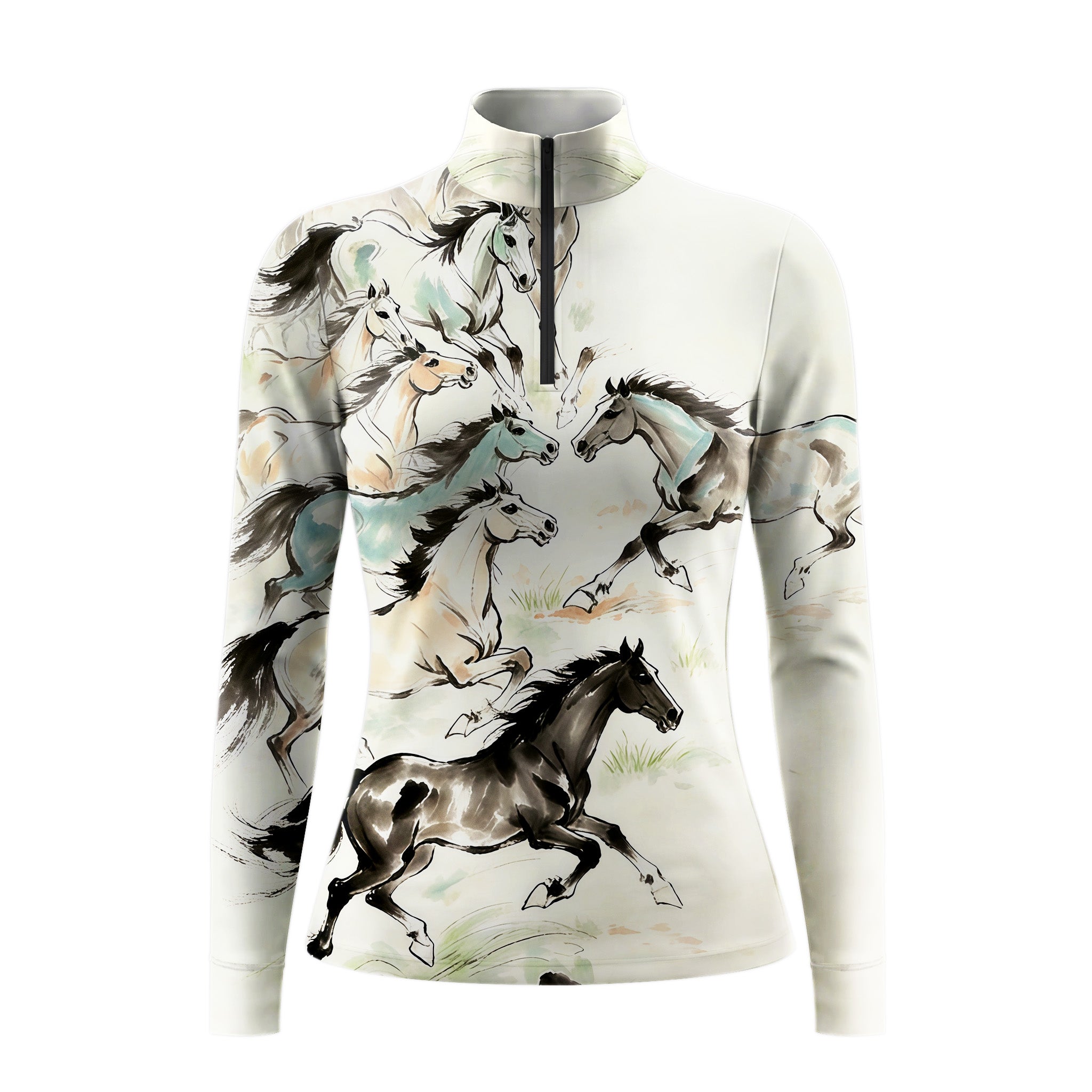 White background studio shot of pale cream oriental ink wash galloping horse allover print long sleeve quarter zip riding top