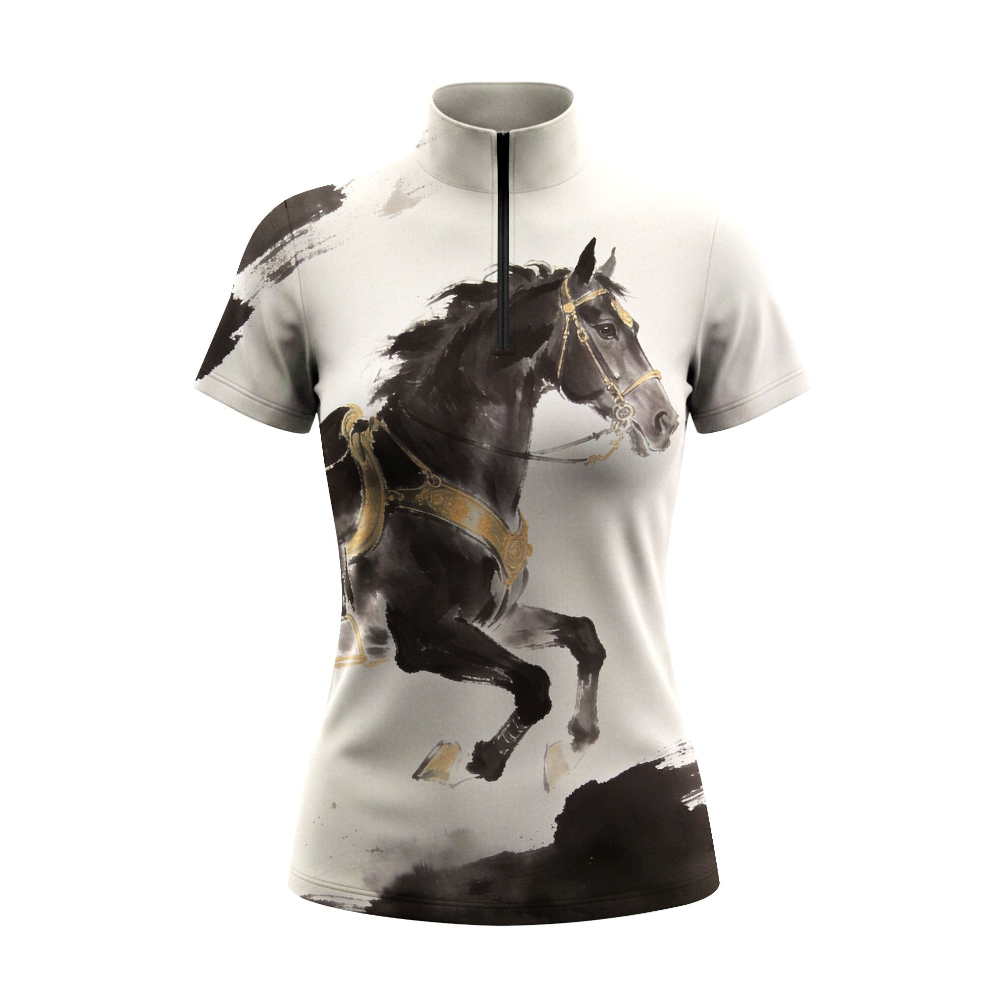 White background studio shot of white ink wash black galloping horse with golden tack print short sleeve quarter zip riding top