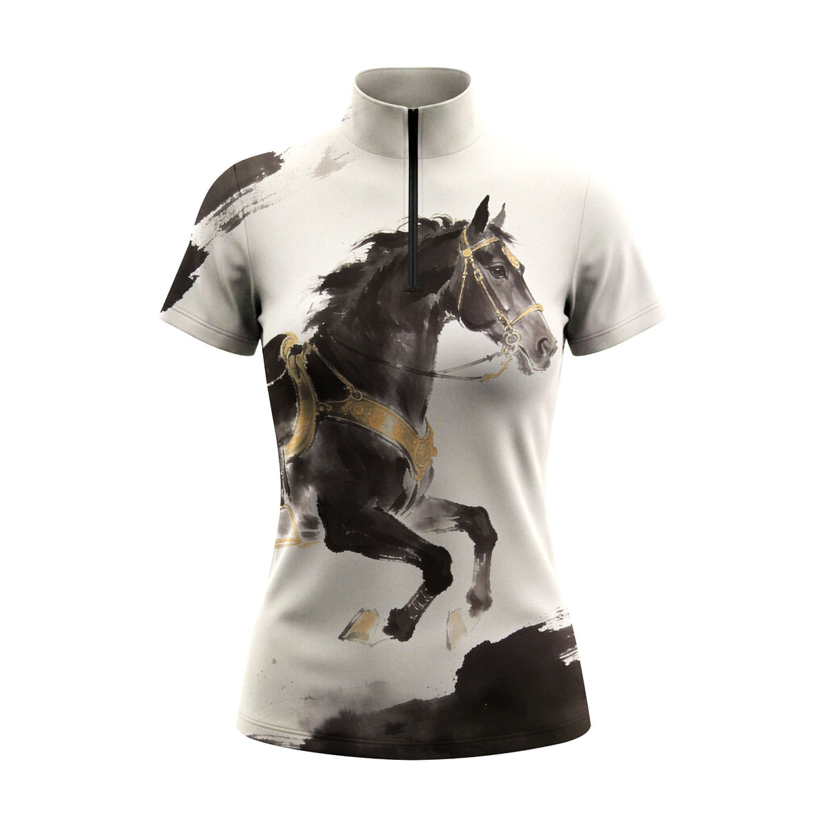White background studio shot of white ink wash black galloping horse with golden tack print short sleeve quarter zip riding top