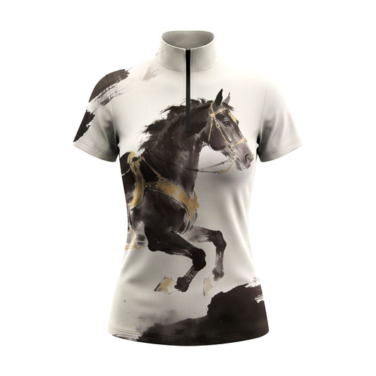 White background studio shot of white ink wash black galloping horse with golden tack print short sleeve quarter zip riding top
