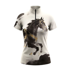 White background studio shot of white ink wash black galloping horse with golden tack print short sleeve quarter zip riding top