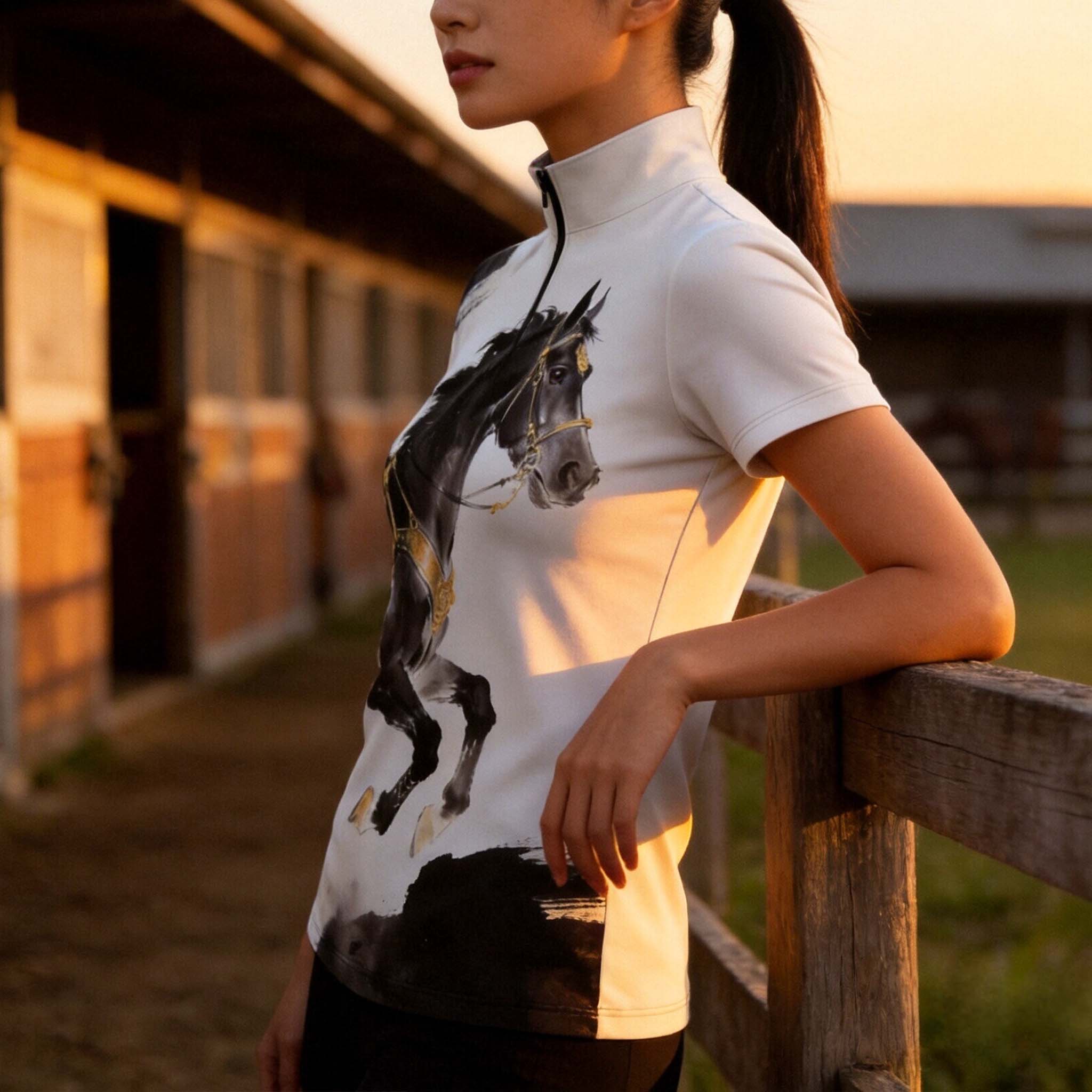 Side profile model leaning on wooden pasture fence wearing white ink wash golden harness horse riding top at golden hour wooden horse stable