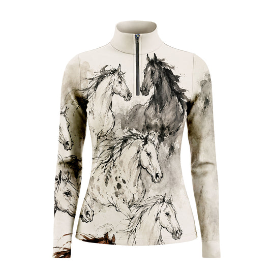 White background studio shot of textured vintage off-white layered grey ink wash overlapping horse portrait allover print long sleeve quarter zip riding top
