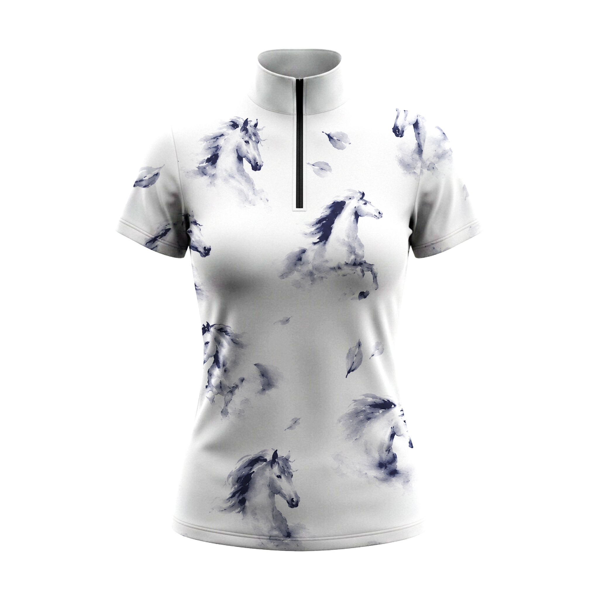 Bright sunlit white wooden stable walkway shot of model walking wearing crisp white scattered misty navy ink wash galloping horse leaf graphic equestrian short sleeve top