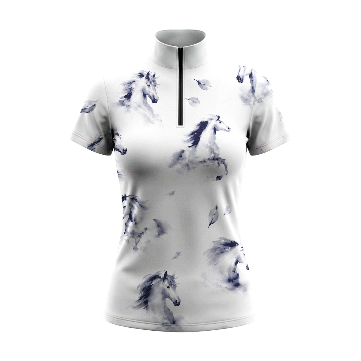 Bright sunlit white wooden stable walkway shot of model walking wearing crisp white scattered misty navy ink wash galloping horse leaf graphic equestrian short sleeve top