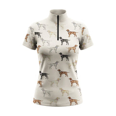 Clean white‑background studio mockup of cream quarter‑zip short‑sleeve riding top with multi‑color labrador retriever all‑over print