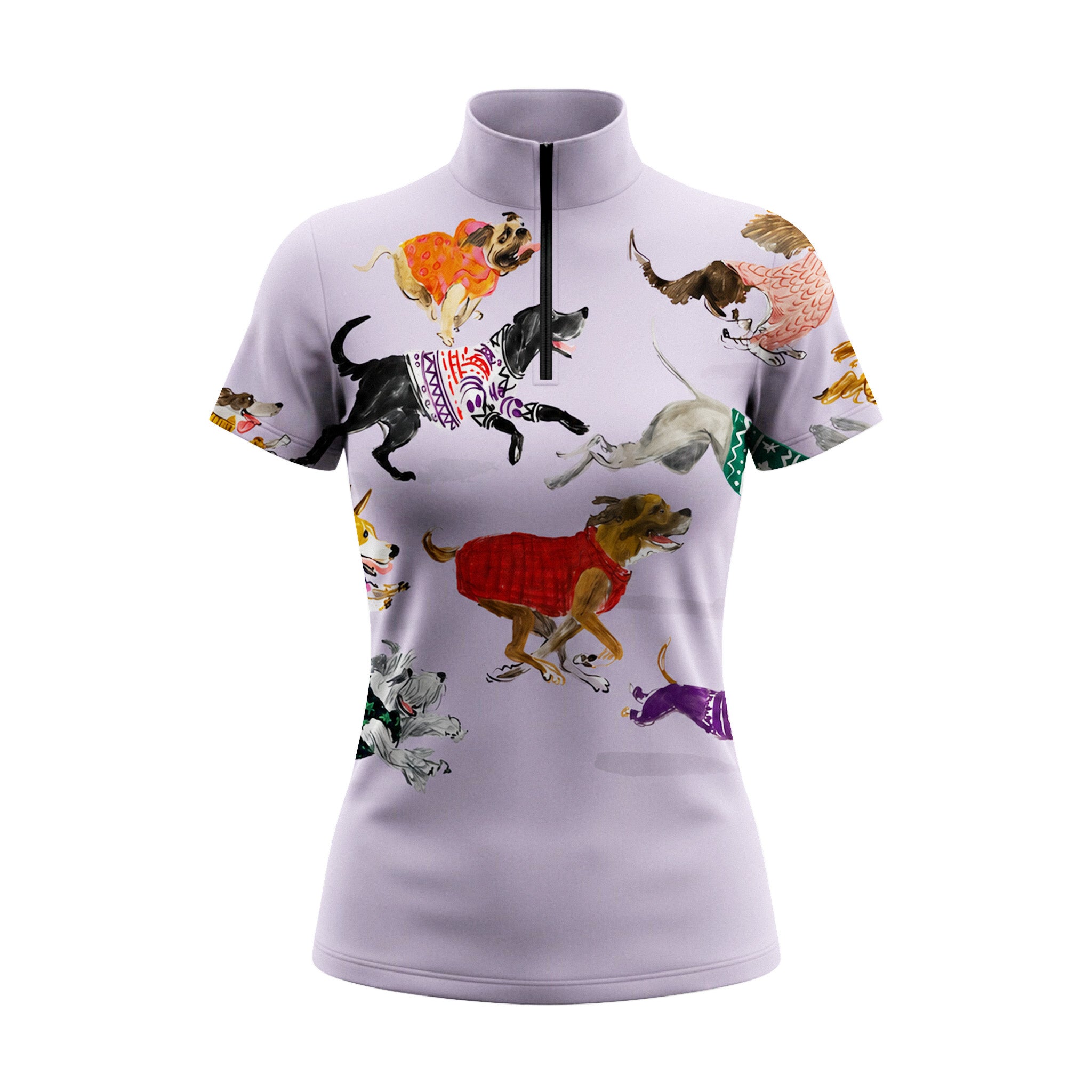 White background studio shot of pale lavender base full allover watercolor multi-breed running dogs colorful knit sweaters short sleeve quarter zip riding top
