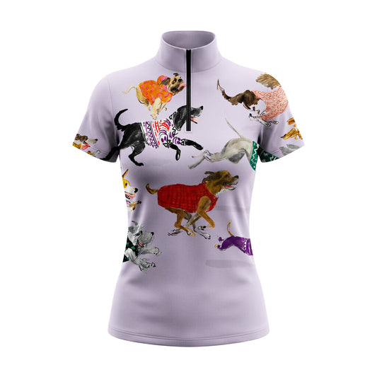 White background studio shot of pale lavender base full allover watercolor multi-breed running dogs colorful knit sweaters short sleeve quarter zip riding top
