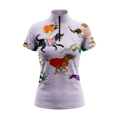 White background studio shot of pale lavender base full allover watercolor multi-breed running dogs colorful knit sweaters short sleeve quarter zip riding top
