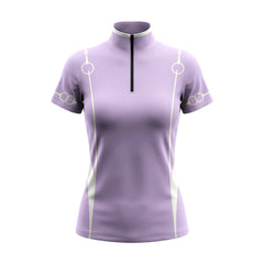 White background studio shot of lavender snaffle bit accent print short sleeve quarter zip riding top