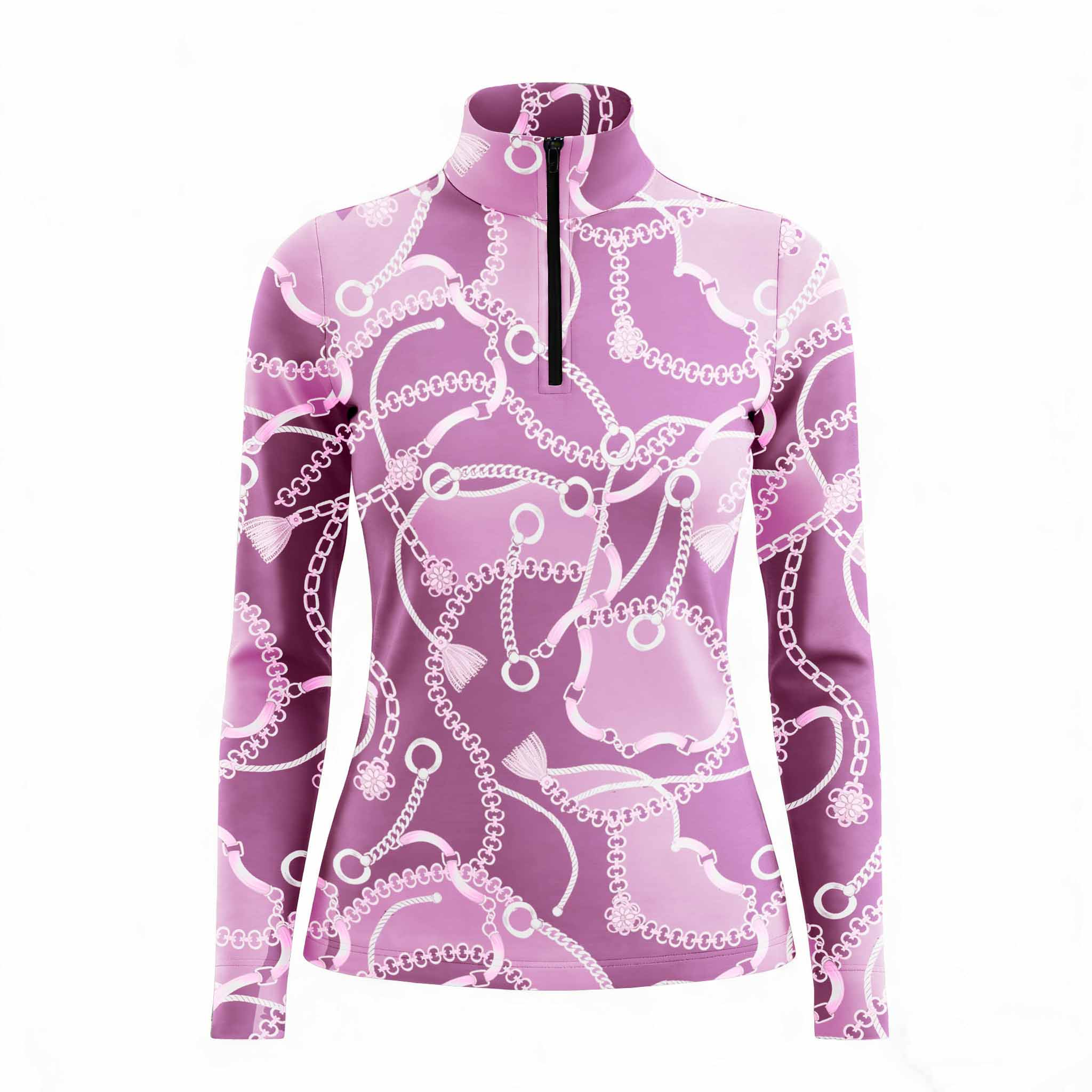 White background studio shot of lavender chain & snaffle bit print long sleeve quarter zip riding top