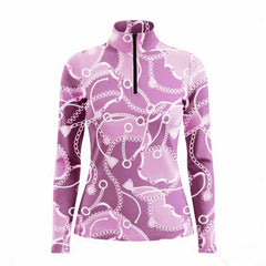White background studio shot of lavender chain & snaffle bit print long sleeve quarter zip riding top