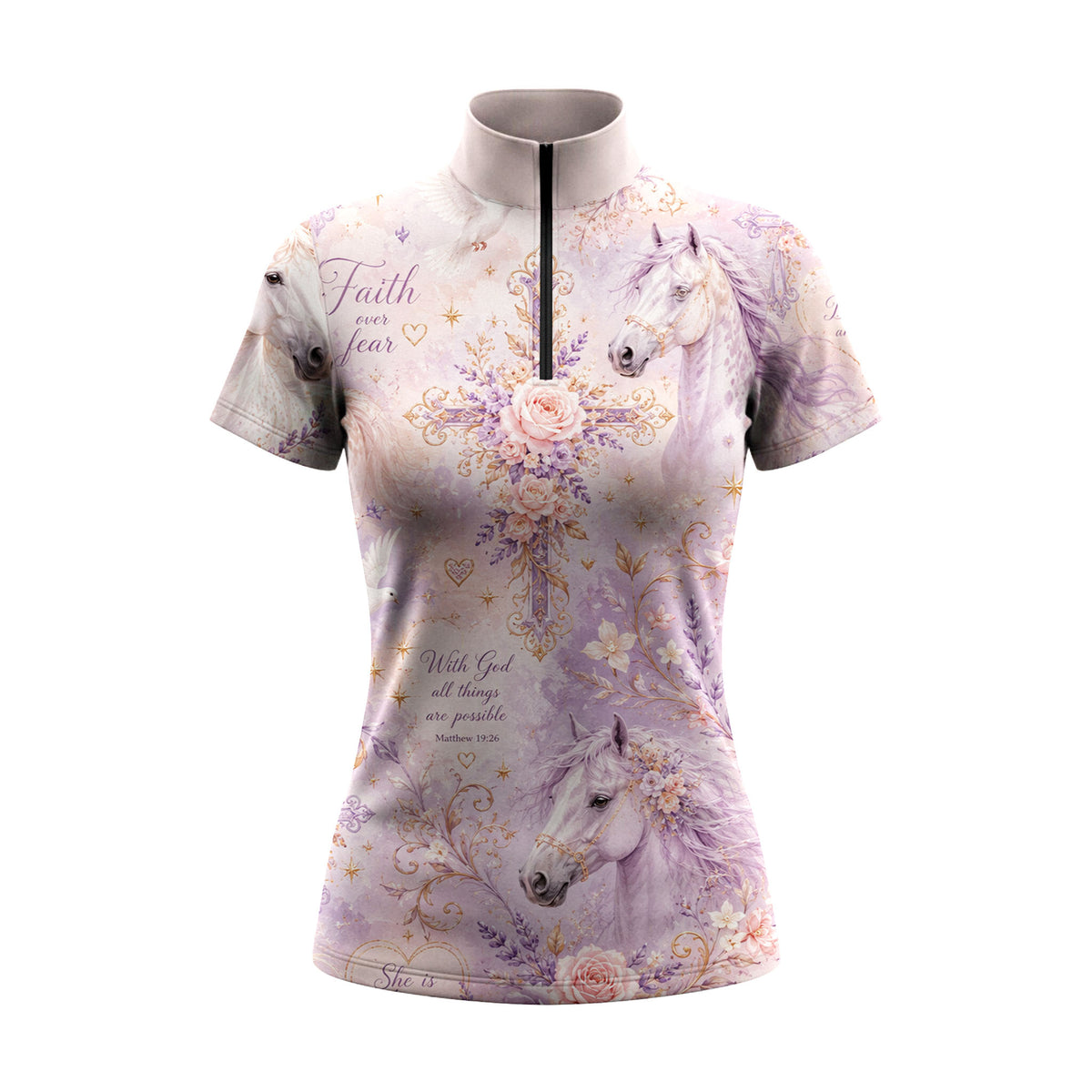 White background studio shot of dusty lavender faith over fear bible verse floral cross lilac white horse dove allover print short sleeve quarter zip riding top
