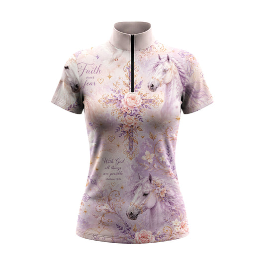 White background studio shot of dusty lavender faith over fear bible verse floral cross lilac white horse dove allover print short sleeve quarter zip riding top
