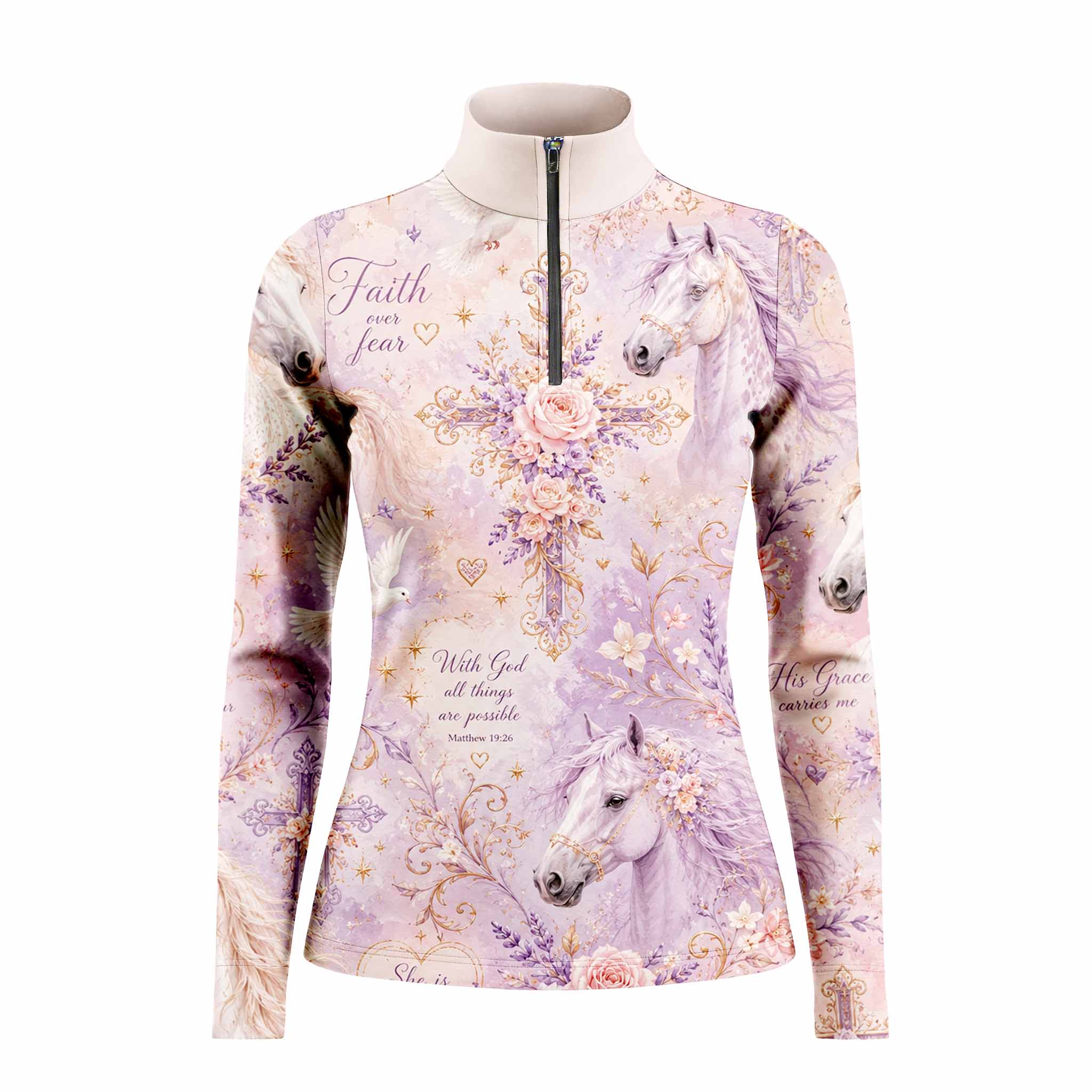 White background studio shot of dusty lavender faith over fear bible verse floral cross lilac white horse dove allover print long sleeve quarter zip riding top

