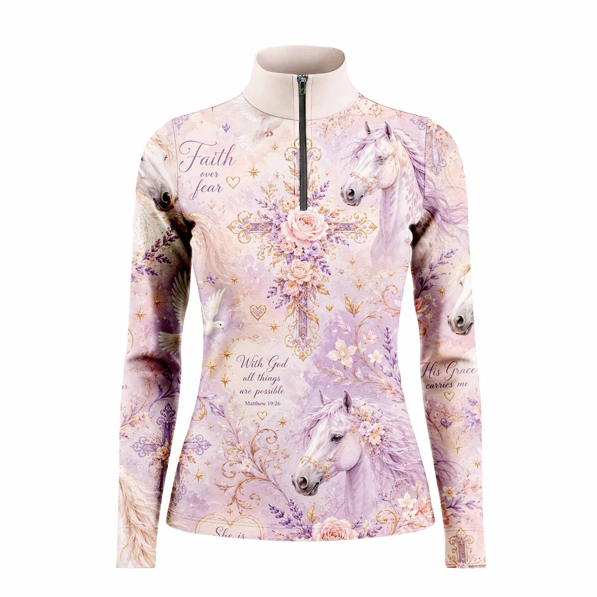 White background studio shot of dusty lavender faith over fear bible verse floral cross lilac white horse dove allover print long sleeve quarter zip riding top
