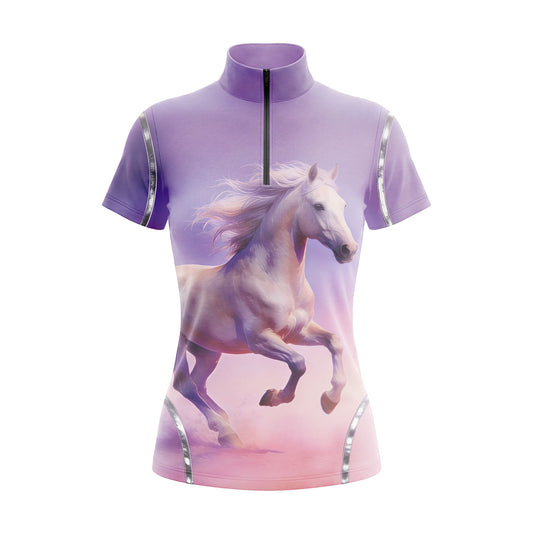 Studio flat view of the Lavender Gradient Horse Portrait Print Short-Sleeve Quarter-Zip Riding Top, showcasing the full print details
