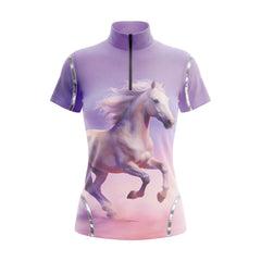 Studio flat view of the Lavender Gradient Horse Portrait Print Short-Sleeve Quarter-Zip Riding Top, showcasing the full print details
