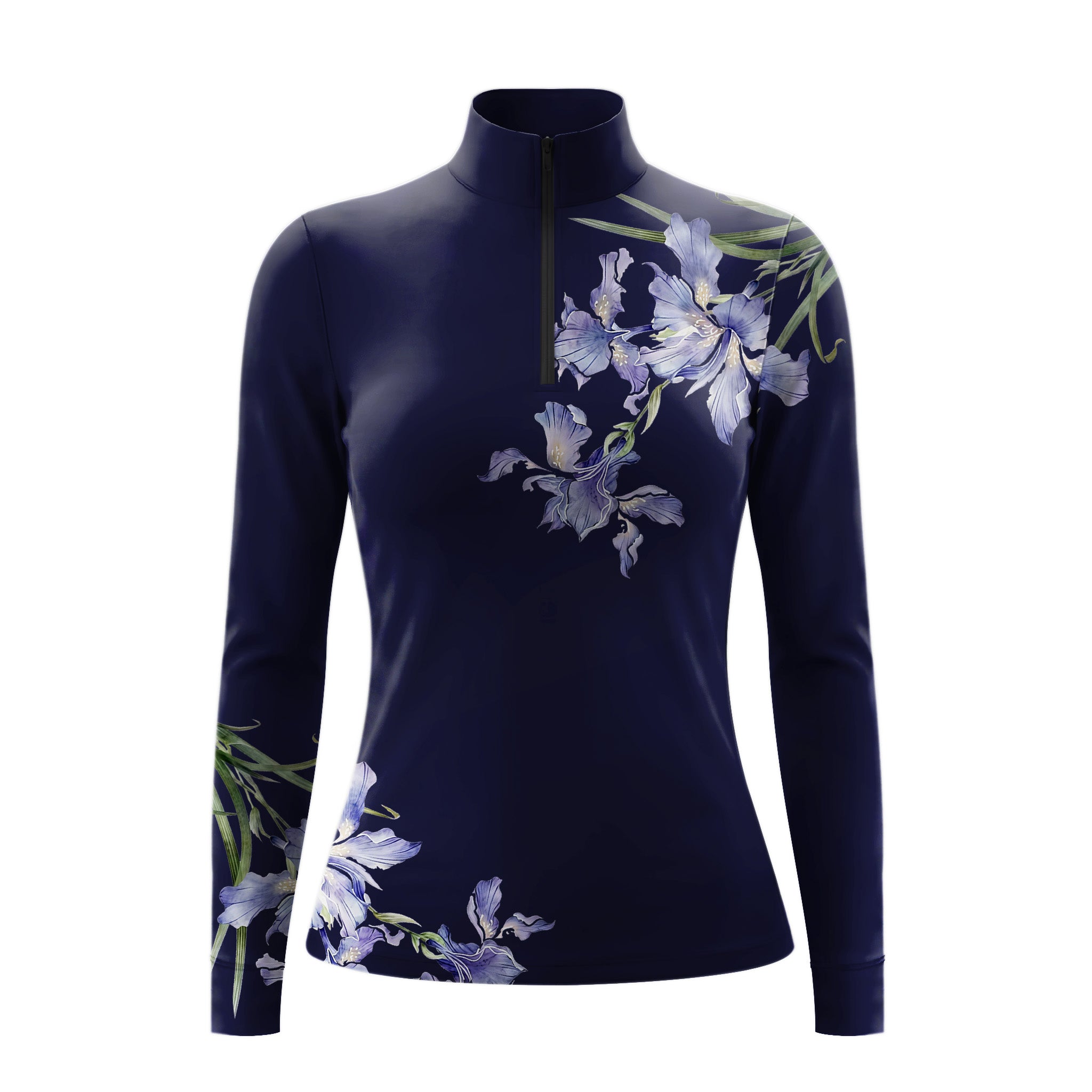 Clean white studio mockup of lavender watercolor iris floral print long‑sleeve quarter‑zip riding top