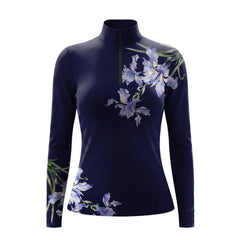 Clean white studio mockup of lavender watercolor iris floral print long‑sleeve quarter‑zip riding top