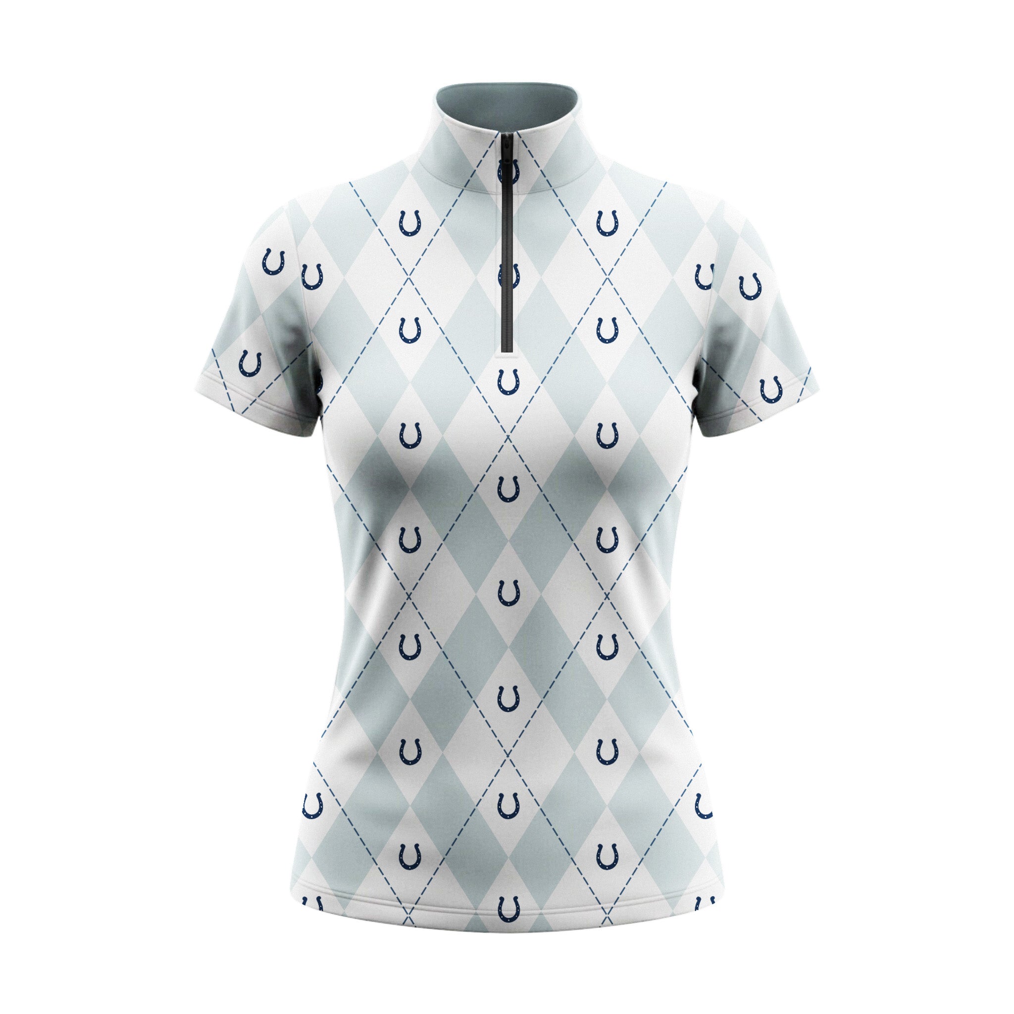 Studio flat view of the light blue version of the Argyle & Horseshoe Print Short-Sleeve Quarter-Zip Riding Top, showcasing the full print details

