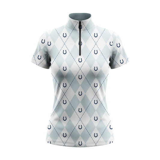 Studio flat view of the light blue version of the Argyle & Horseshoe Print Short-Sleeve Quarter-Zip Riding Top, showcasing the full print details
