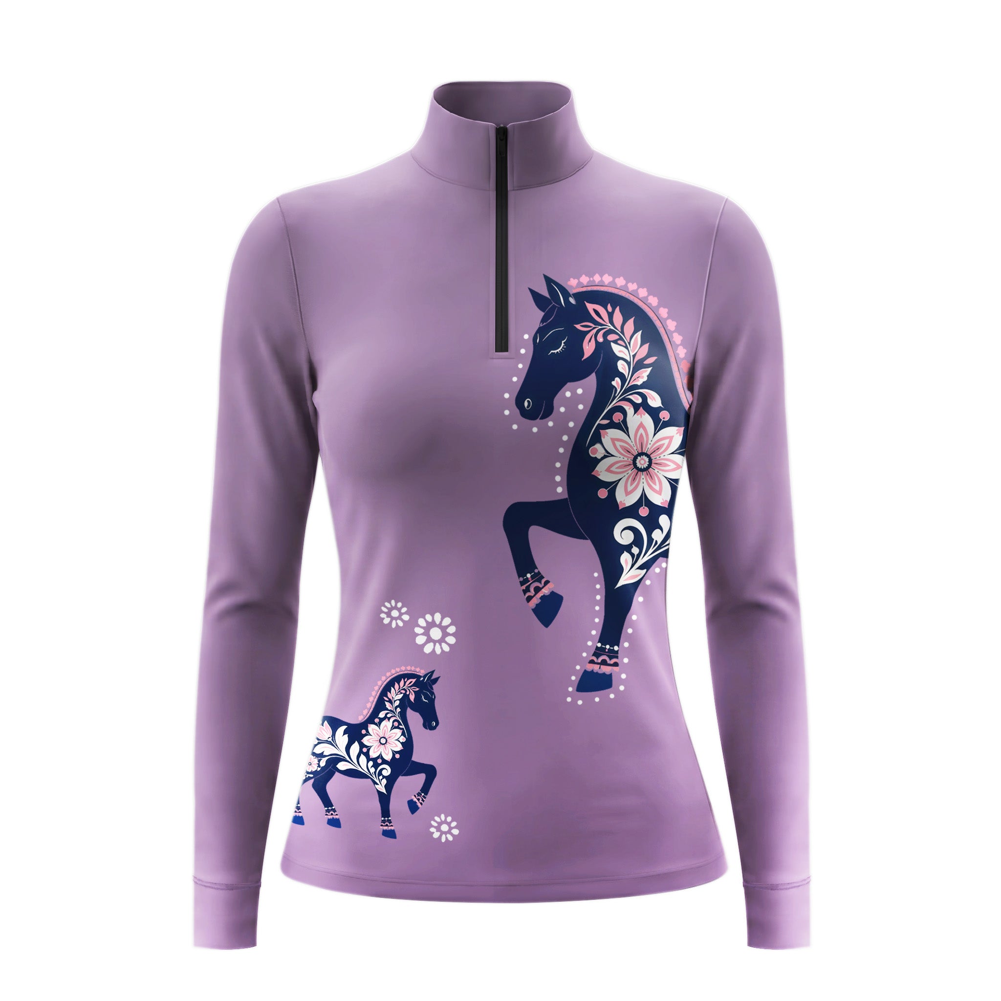 Full-body model shot wearing soft pastel folk floral horse long sleeve top at sunlit green pasture white wooden fence, holding riding crop
