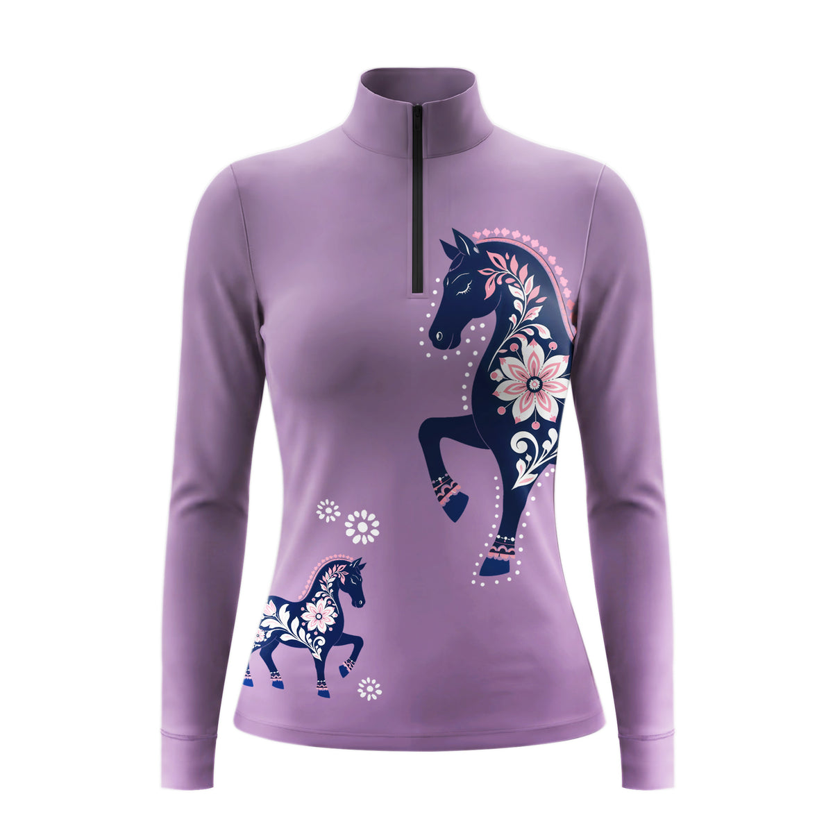 Full-body model shot wearing soft pastel folk floral horse long sleeve top at sunlit green pasture white wooden fence, holding riding crop
