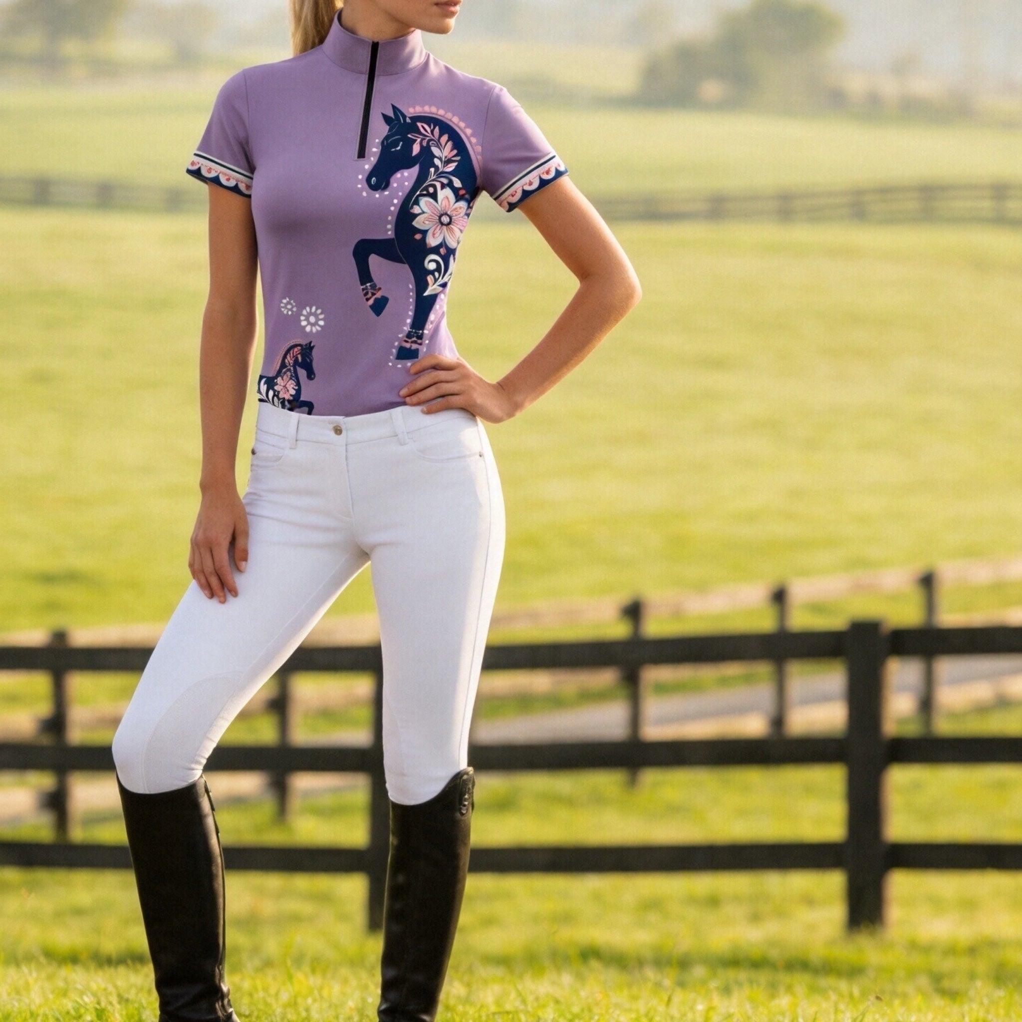 Full-body model shot wearing lilac folk floral horse riding top in sunlit green pasture with black fencing