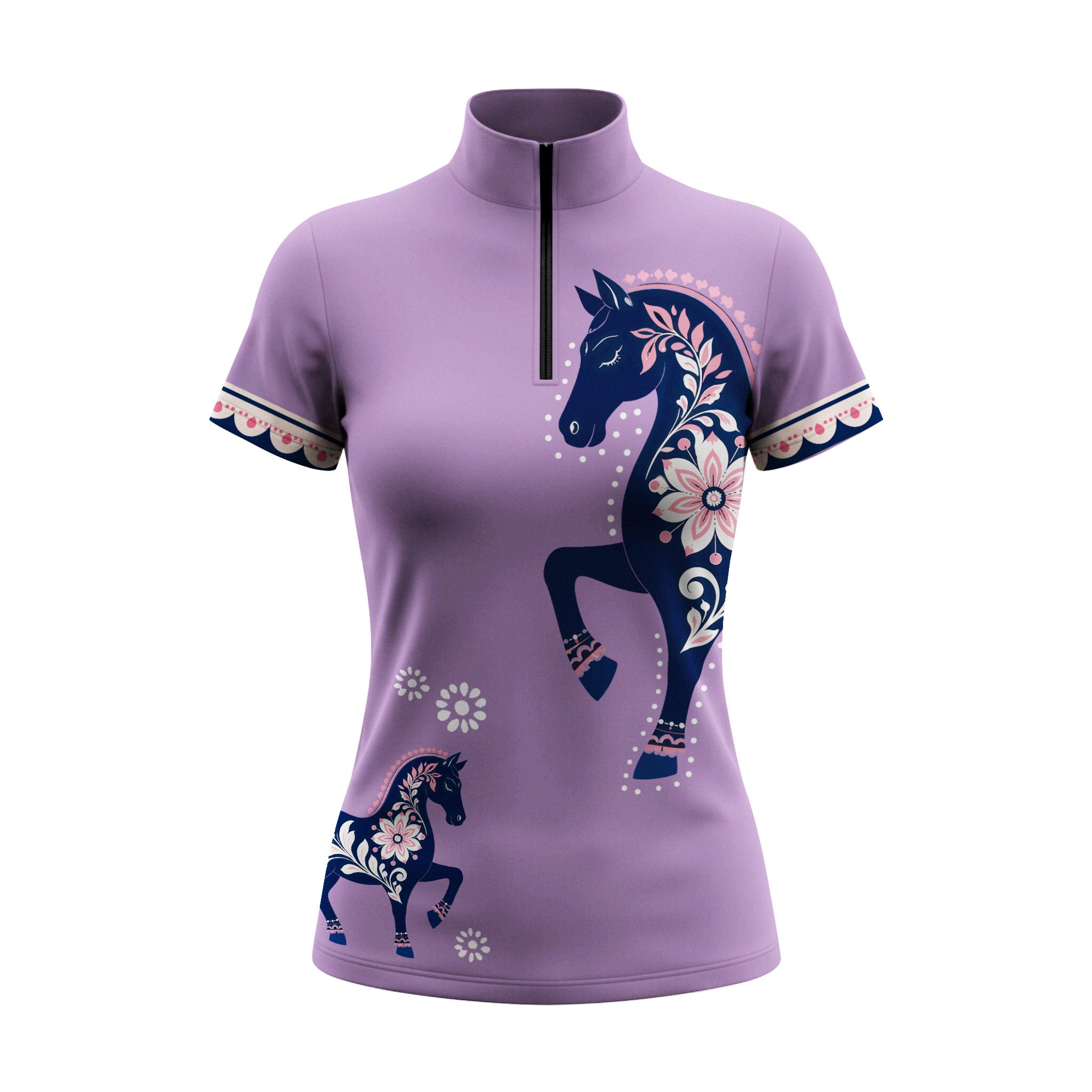 White background studio shot of lilac folk floral horse print short sleeve quarter zip riding top