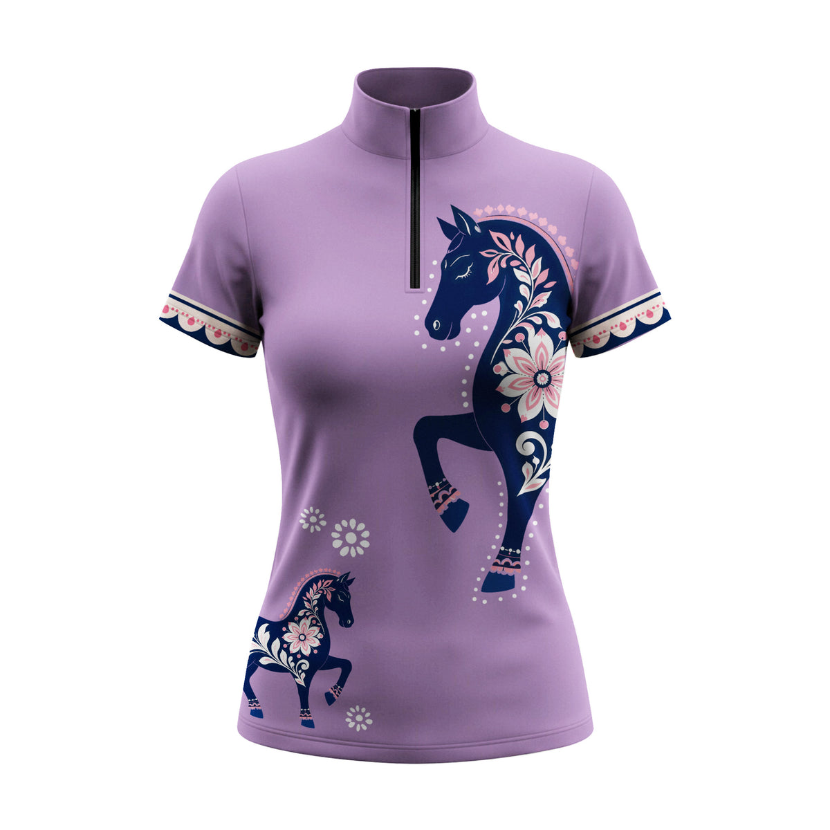 White background studio shot of lilac folk floral horse print short sleeve quarter zip riding top