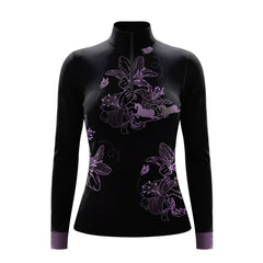 Clean white‑background studio mockup of black‑lavender lily butterfly resting‑horse line‑art riding top