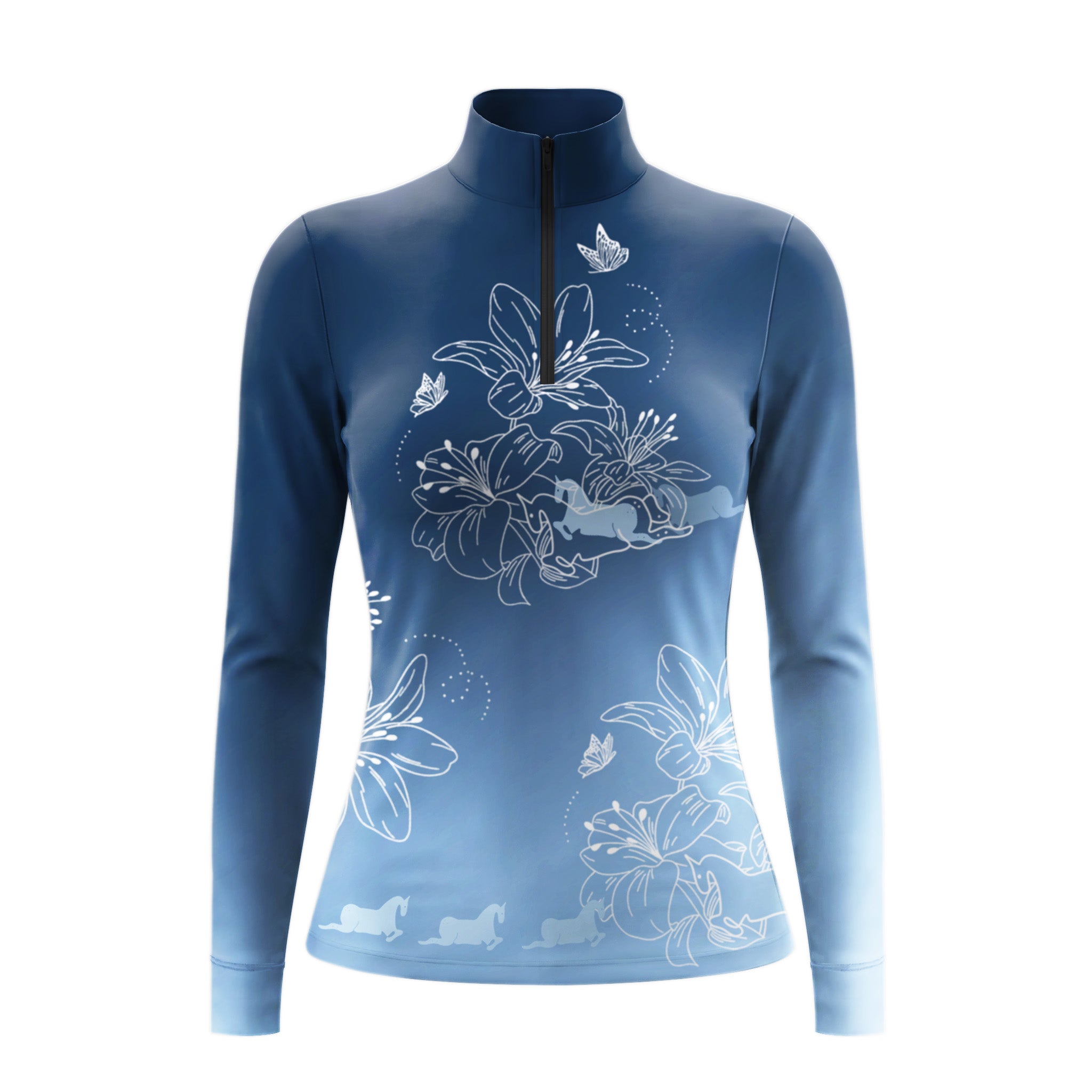 Clean white‑background studio mockup of gradient blue‑white lily butterfly horse line‑art quarter‑zip riding top