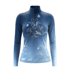 Clean white‑background studio mockup of gradient blue‑white lily butterfly horse line‑art quarter‑zip riding top