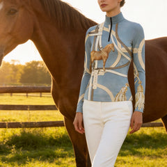 Soft golden countryside grass field shot of model walking beside brown horse wearing sophisticated vintage leather harness galloping horse equestrian print riding top
