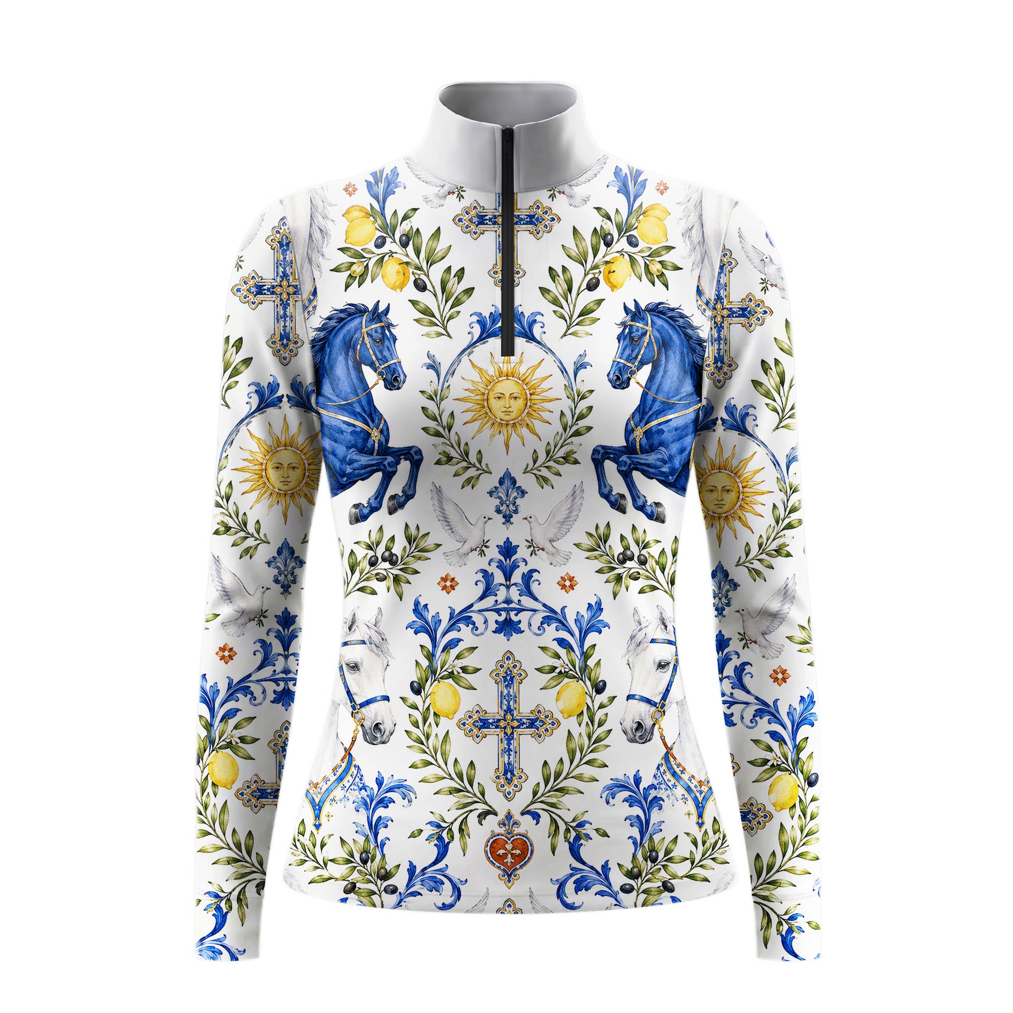 White background studio shot of crisp white Mediterranean tile blue horse sun dove cross lemon olive botanical allover print long sleeve quarter zip riding top
