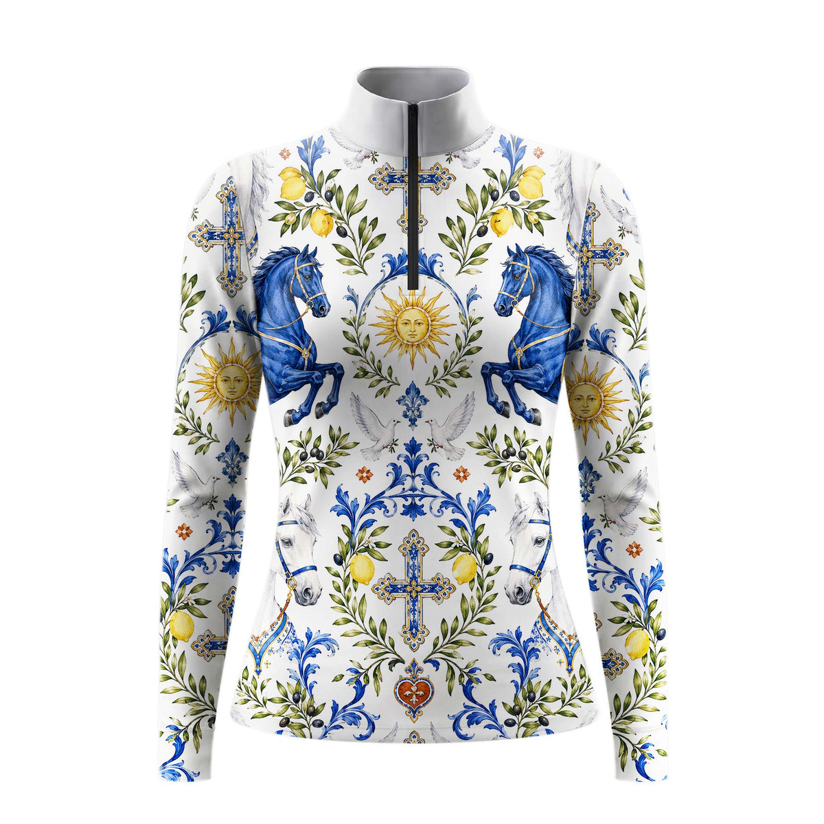 White background studio shot of crisp white Mediterranean tile blue horse sun dove cross lemon olive botanical allover print long sleeve quarter zip riding top
