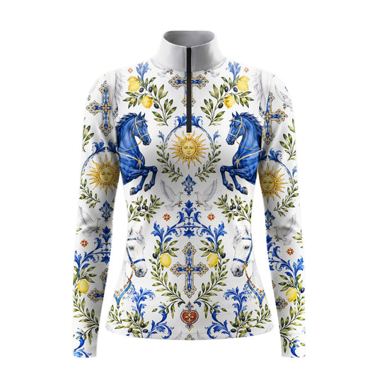White background studio shot of crisp white Mediterranean tile blue horse sun dove cross lemon olive botanical allover print long sleeve quarter zip riding top
