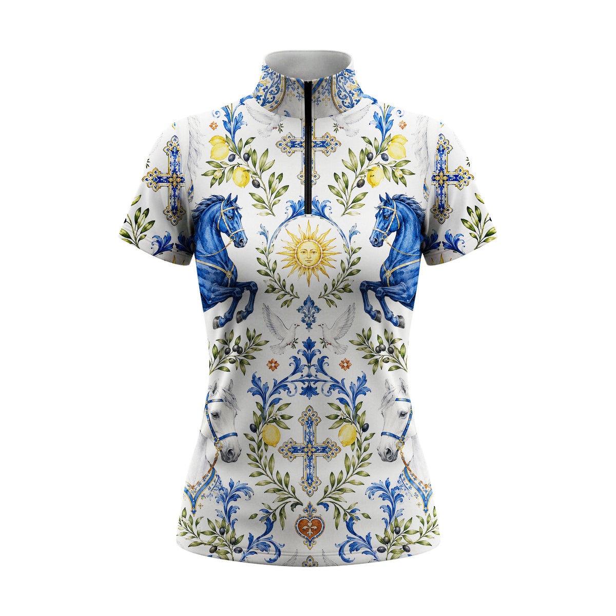 Clean white studio mockup of Mediterranean Sicilian tile‑pattern short‑sleeve quarter‑zip riding top with horse, sun and lemon print