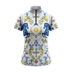 Clean white studio mockup of Mediterranean Sicilian tile‑pattern short‑sleeve quarter‑zip riding top with horse, sun and lemon print