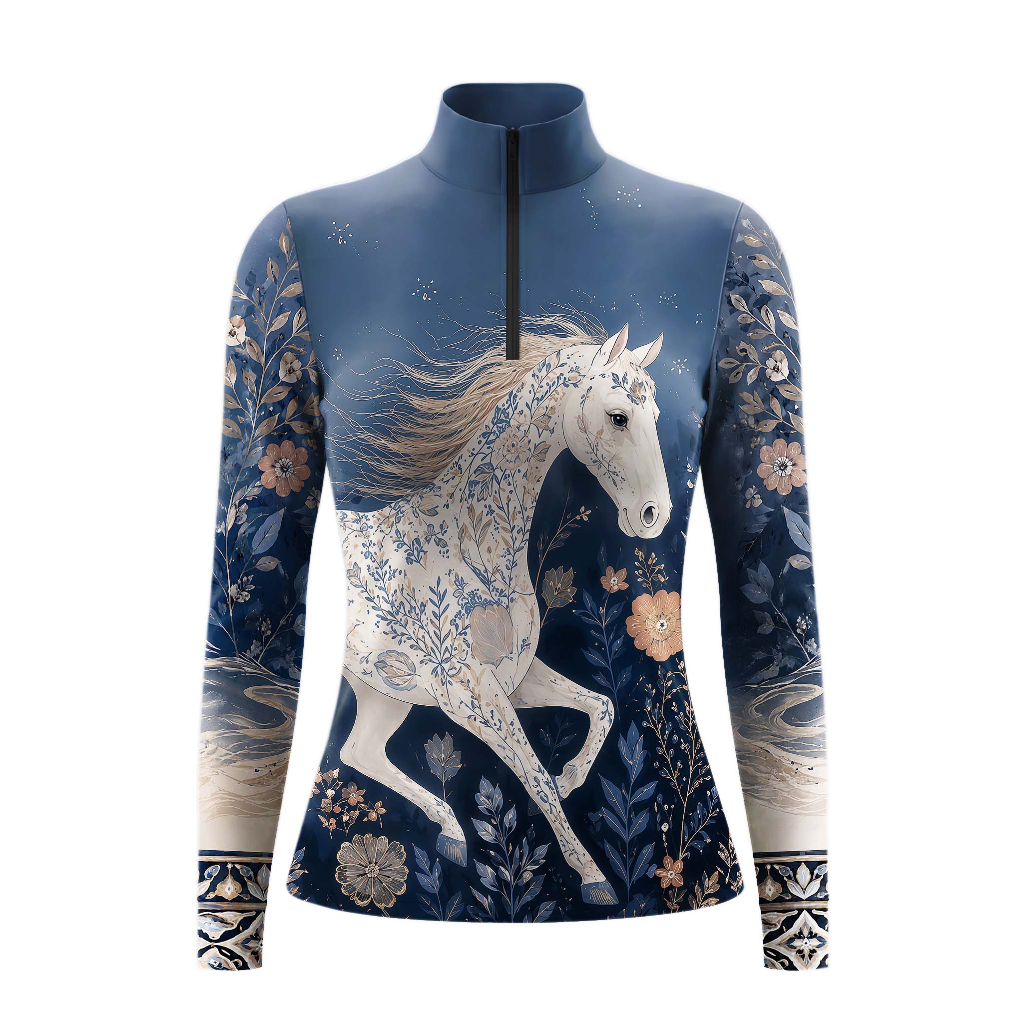 White background studio shot of midnight navy floral inlaid white horse full-print quarter zip long sleeve riding top