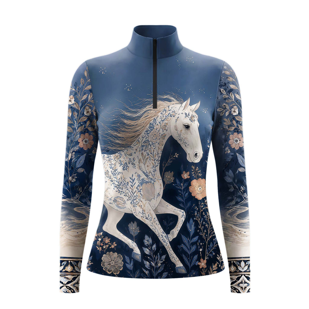 White background studio shot of midnight navy floral inlaid white horse full-print quarter zip long sleeve riding top