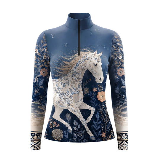 White background studio shot of midnight navy floral inlaid white horse full-print quarter zip long sleeve riding top