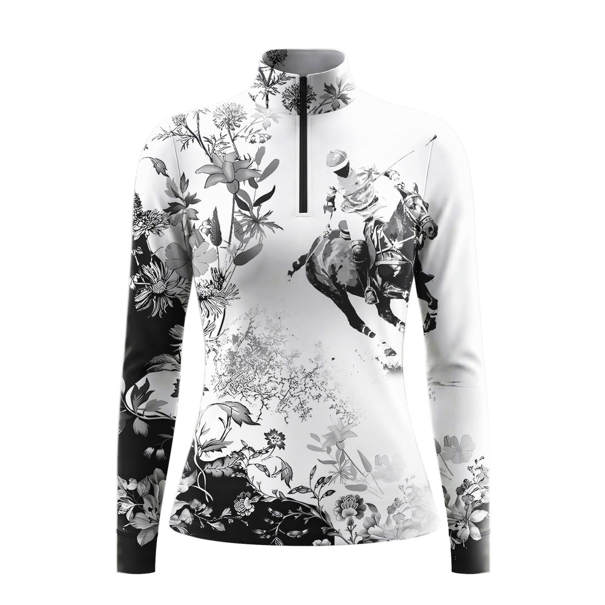 Studio flat view of the Monochrome Floral & Show Jumper Print Long-Sleeve Quarter-Zip Riding Top, showcasing the full print details
