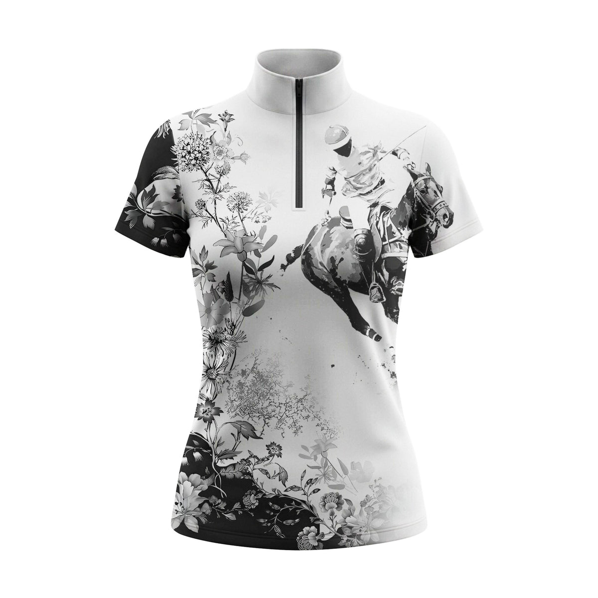 Studio flat view of the Monochrome Floral & Show Jumper Print Short-Sleeve Quarter-Zip Riding Top, showcasing the full print details
