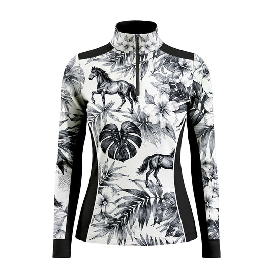 White background studio shot of slim black contrast block grayscale tropical horse leaf allover print long sleeve quarter zip riding top
