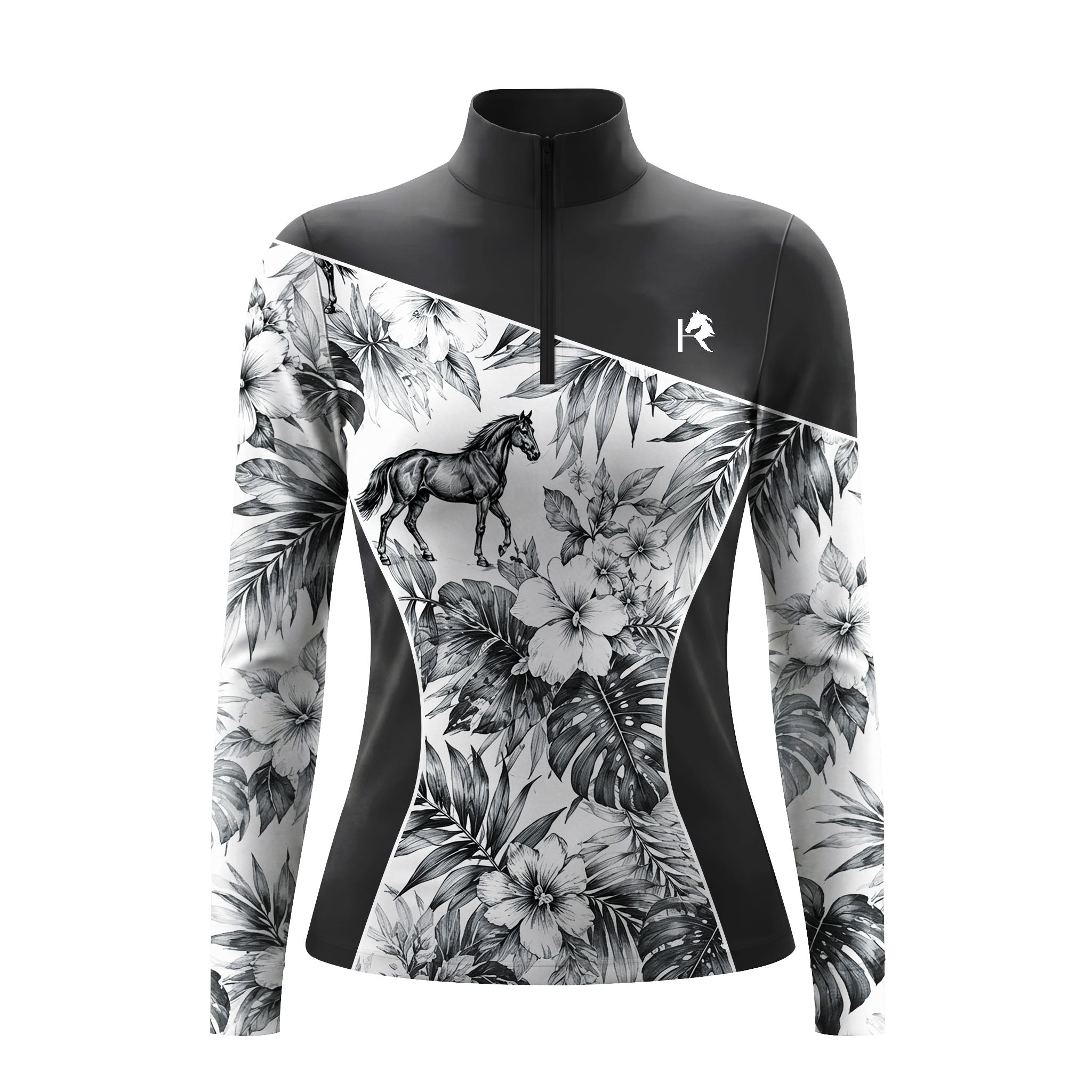 Studio flat view of the Monochrome Tropical Horse Print Color-Block Long-Sleeve Quarter-Zip Riding Top, showcasing the full print details
